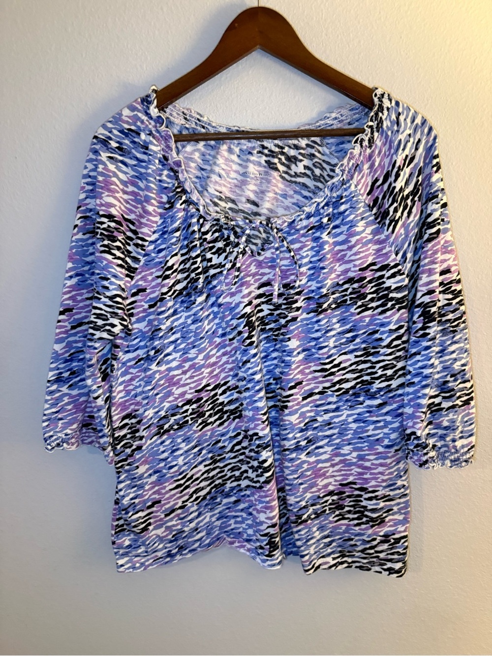 Studio Works Lavender, Blue & Black Patterned Peasant Blouse